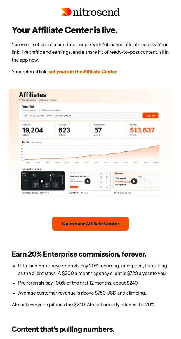 Actual Nitrosend newsletter: Your Affiliate Center is live.