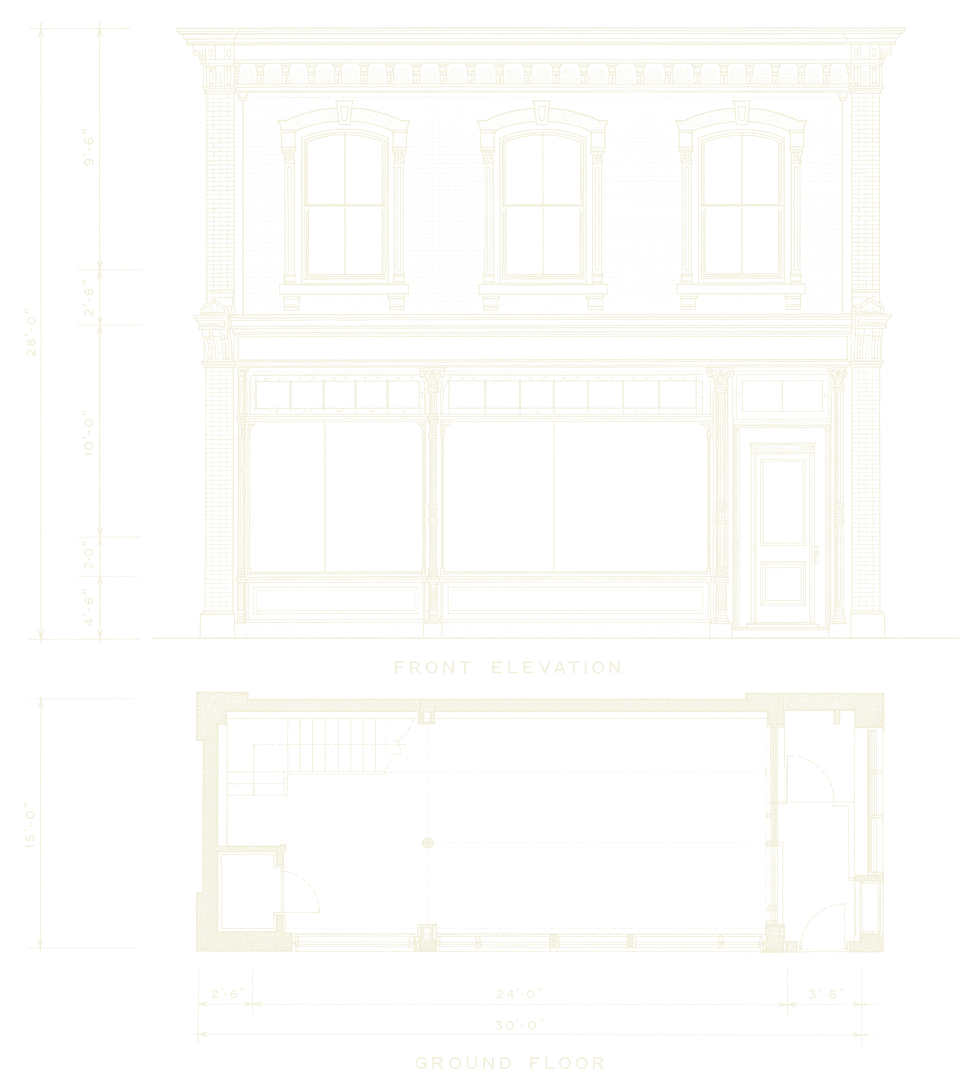 Complete front elevation and ground floor plan of a two-story shop, drawn in ivory ink on cyanotype paper.