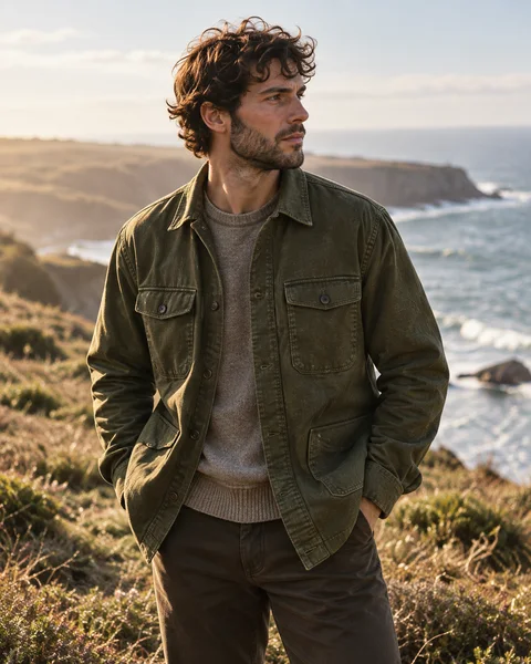 The olive Everyday Overshirt worn on a windswept coast.