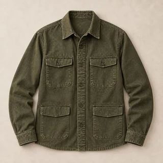 Olive cotton overshirt with flap pockets.