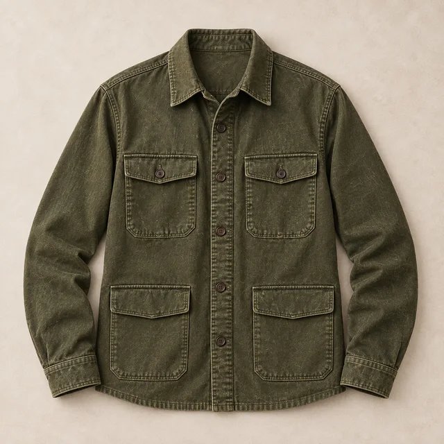 The texture and stitching of the olive overshirt.