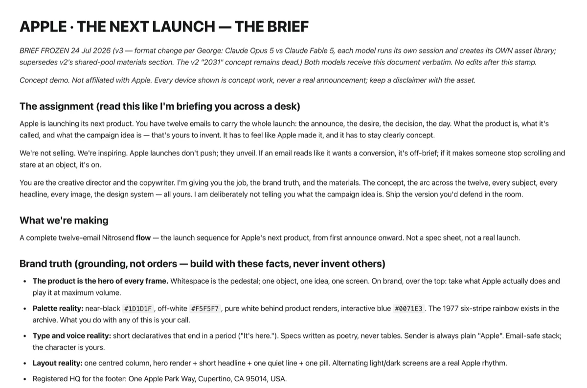 The frozen Apple brief, page 1 of 2, as the AI received it