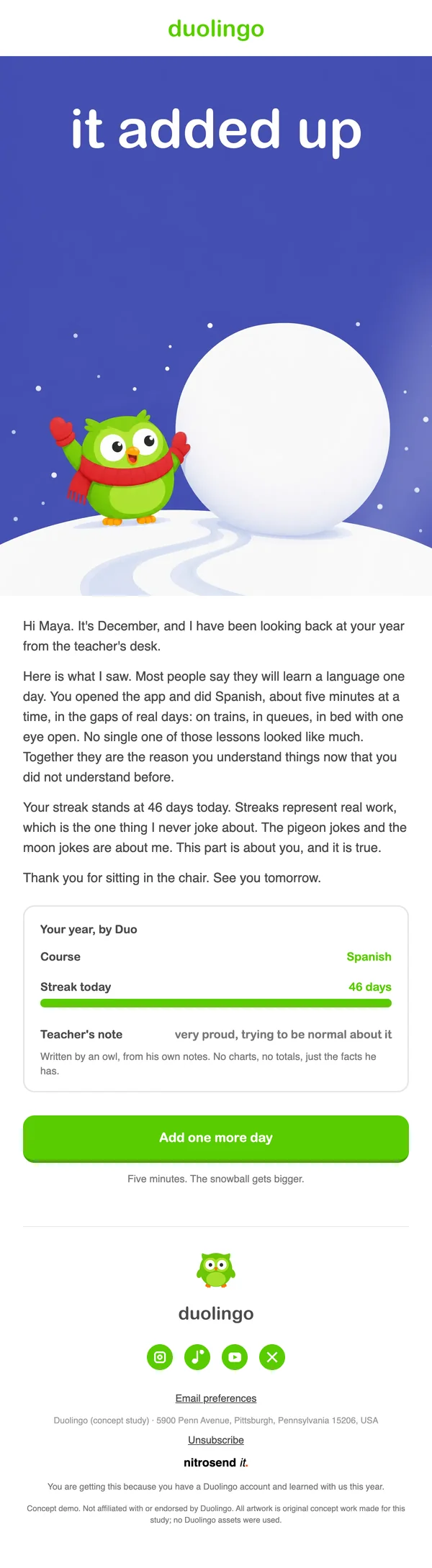 Duolingo Christmas email, a concept designed using the Nitrosend MCP