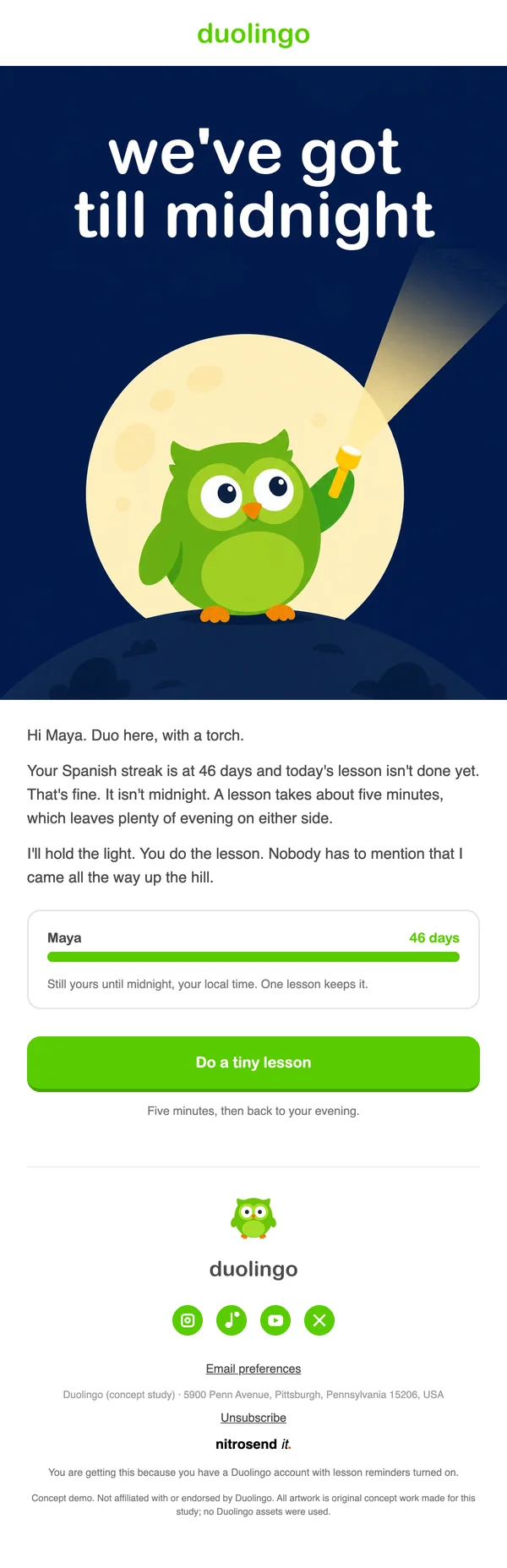 Duolingo re-engagement email, a concept designed using the Nitrosend MCP