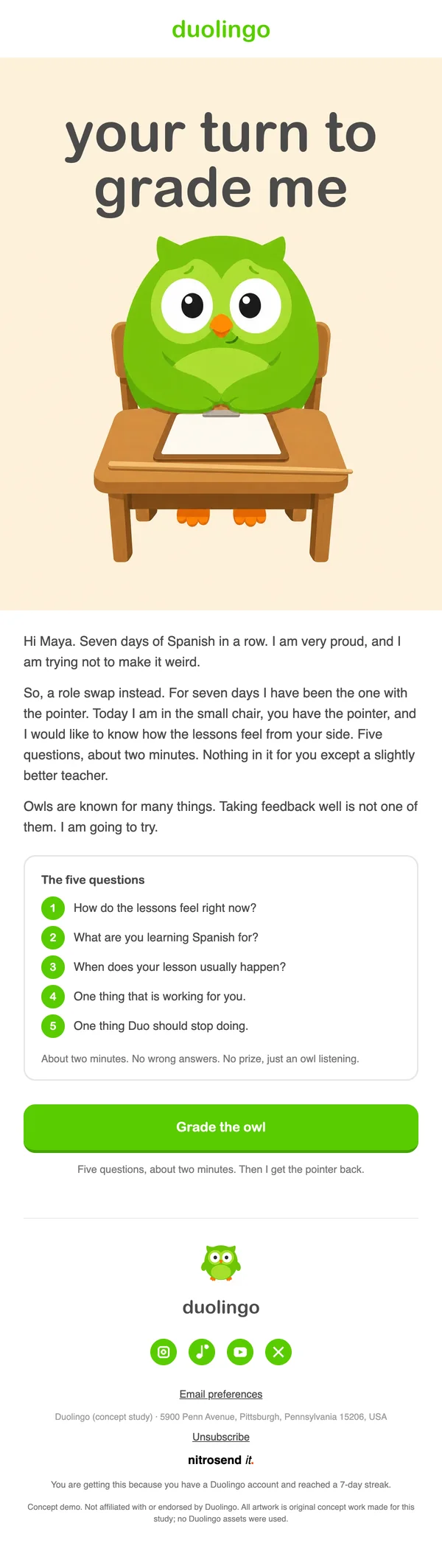 Duolingo survey email, subject line: `Maya, you did 7 days. Now grade the owl 📝`