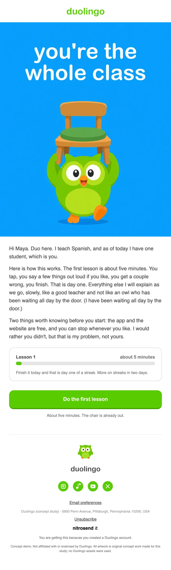Duolingo welcome email, subject line: `Maya, your Spanish class has one student 🪑`