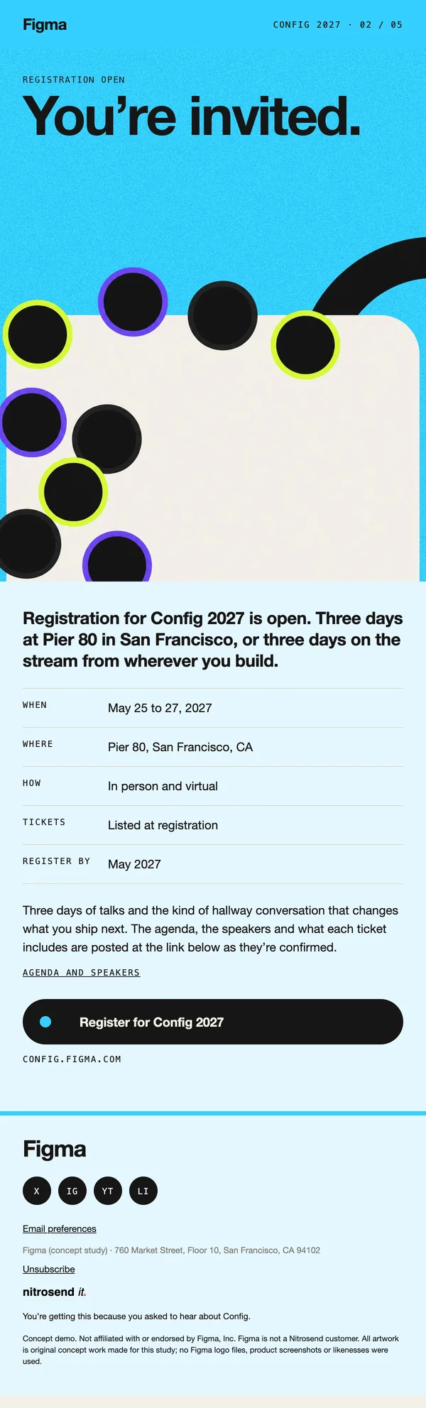 Figma event invite email, subject line: Config 2027 registration is open