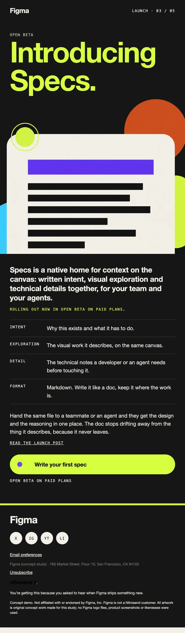 Figma product launch email, subject line: Introducing Figma Specs