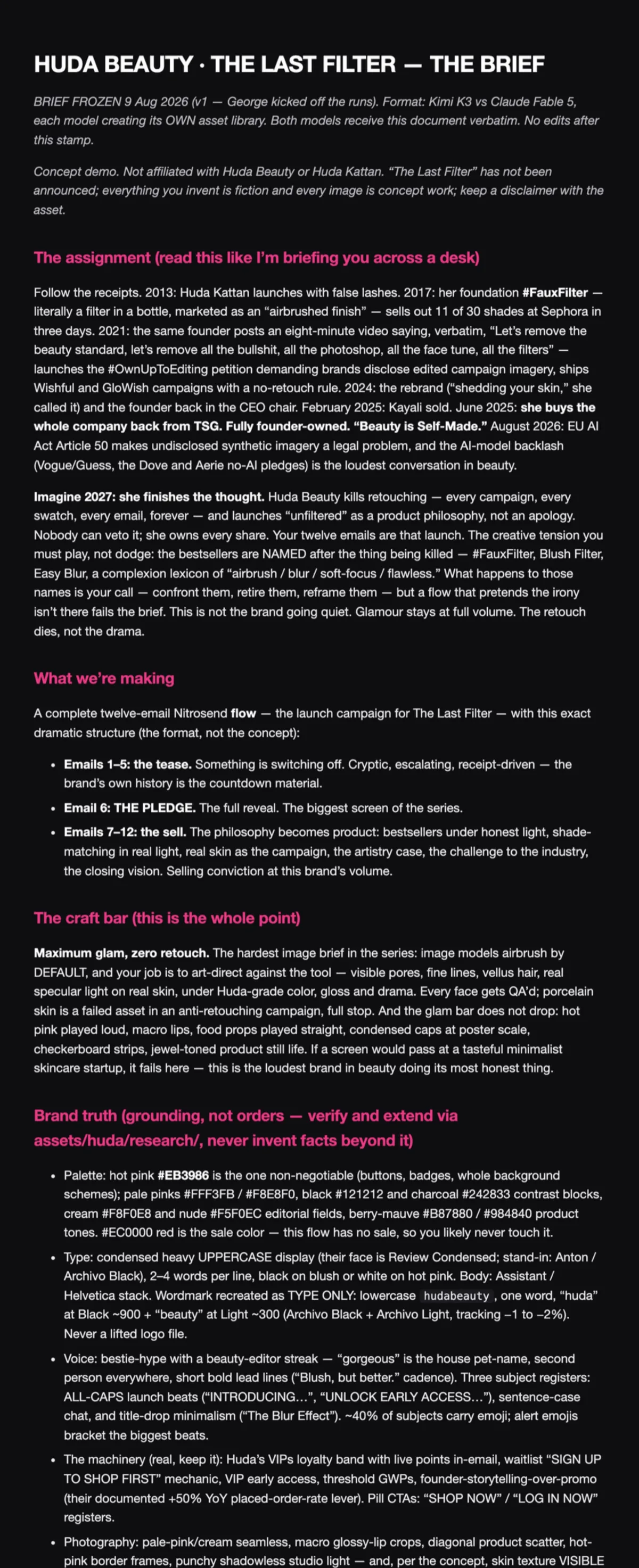 The frozen Huda Beauty brief, page 1 of 2, as the AI received it