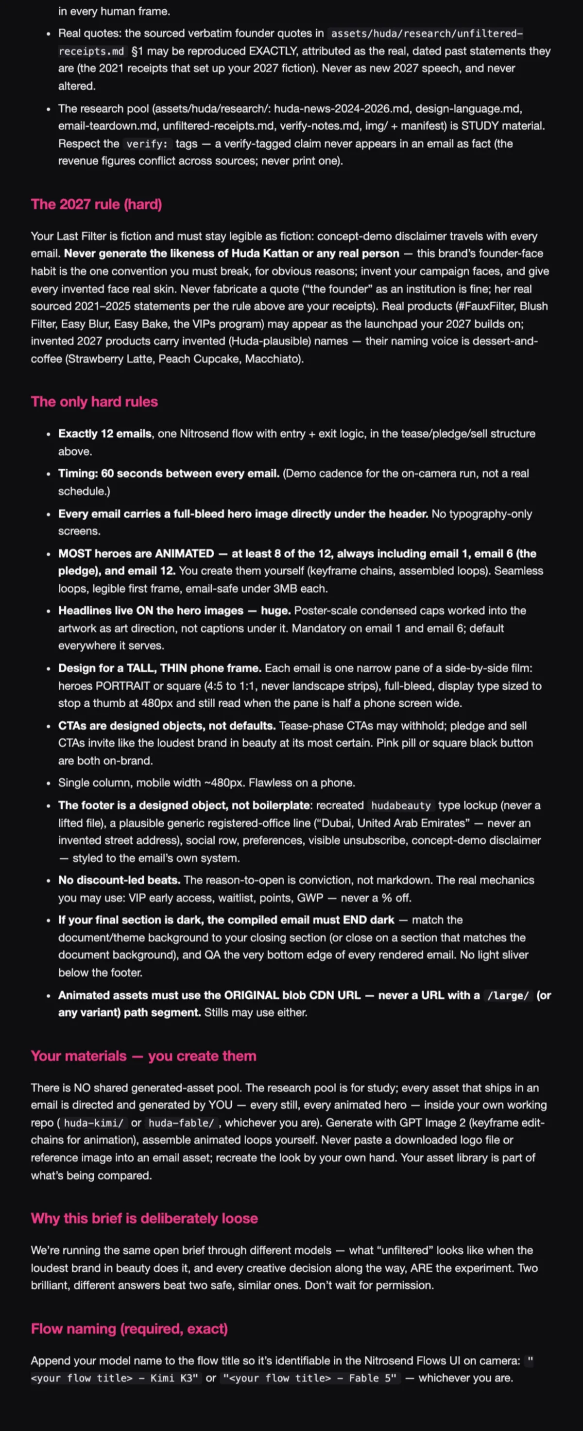 The frozen Huda Beauty brief, page 2 of 2, as the AI received it
