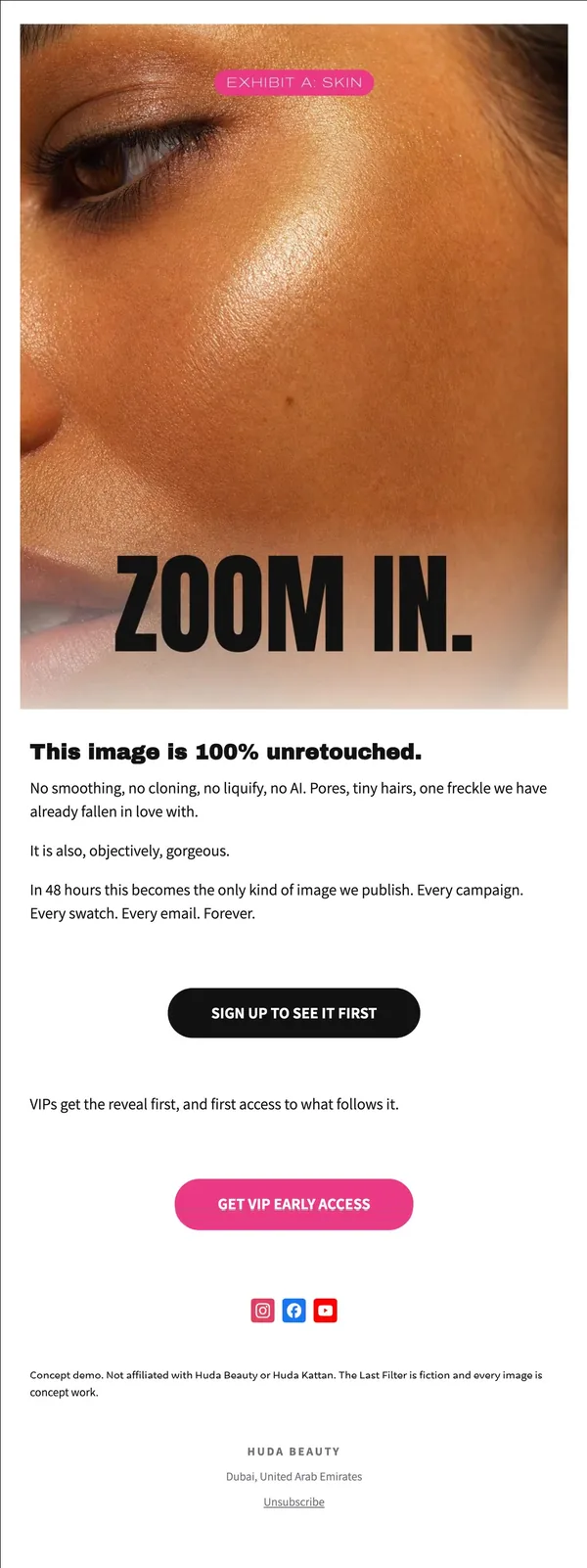 Huda Beauty concept email 4 of 12: Skin proof