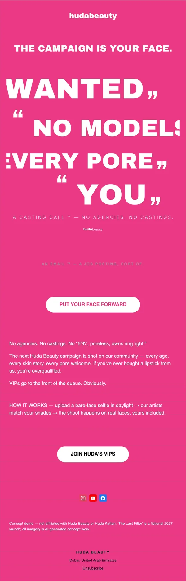 Huda Beauty concept email 9 of 12: Casting call