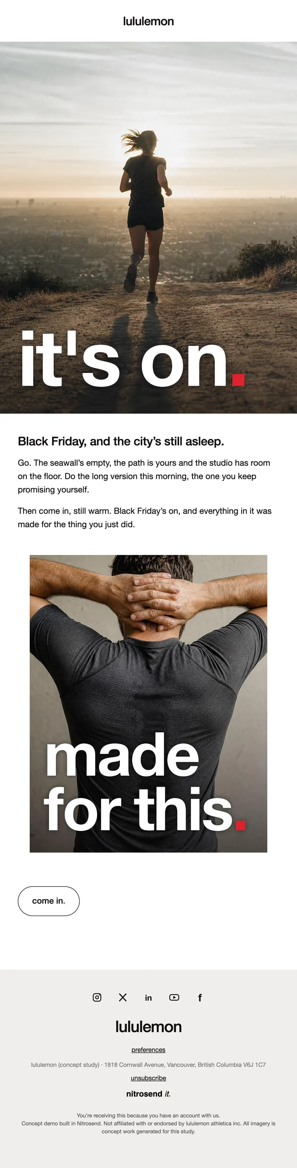 lululemon Black Friday email, a concept designed using the Nitrosend MCP