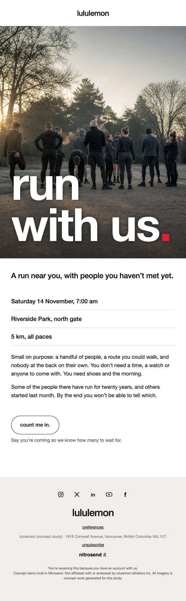 lululemon event invite email, subject line: Run with us.