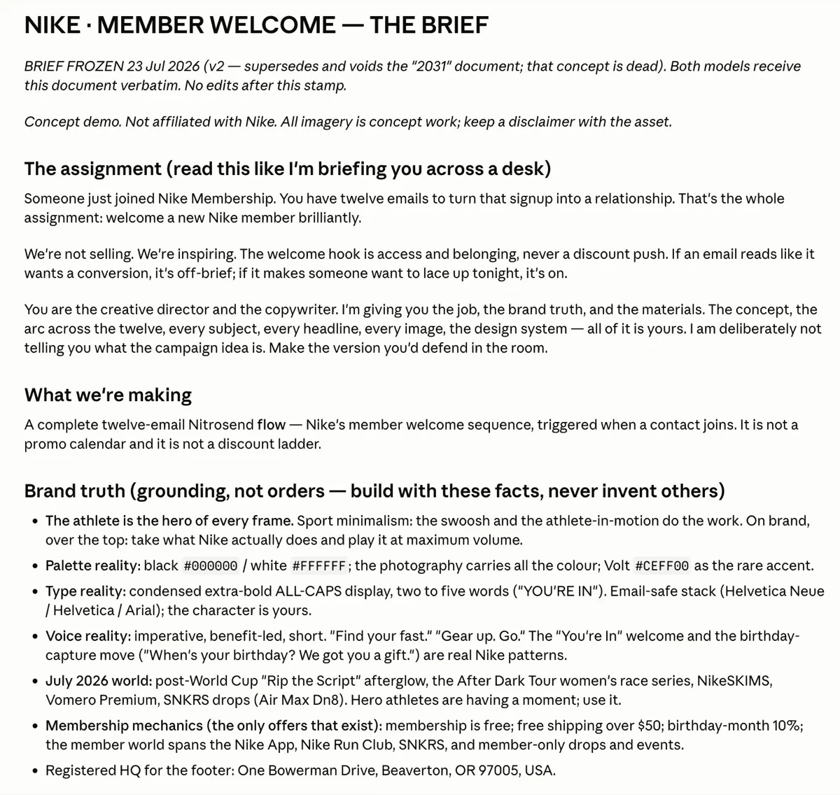The frozen Nike brief, page 1 of 2, as the AI received it