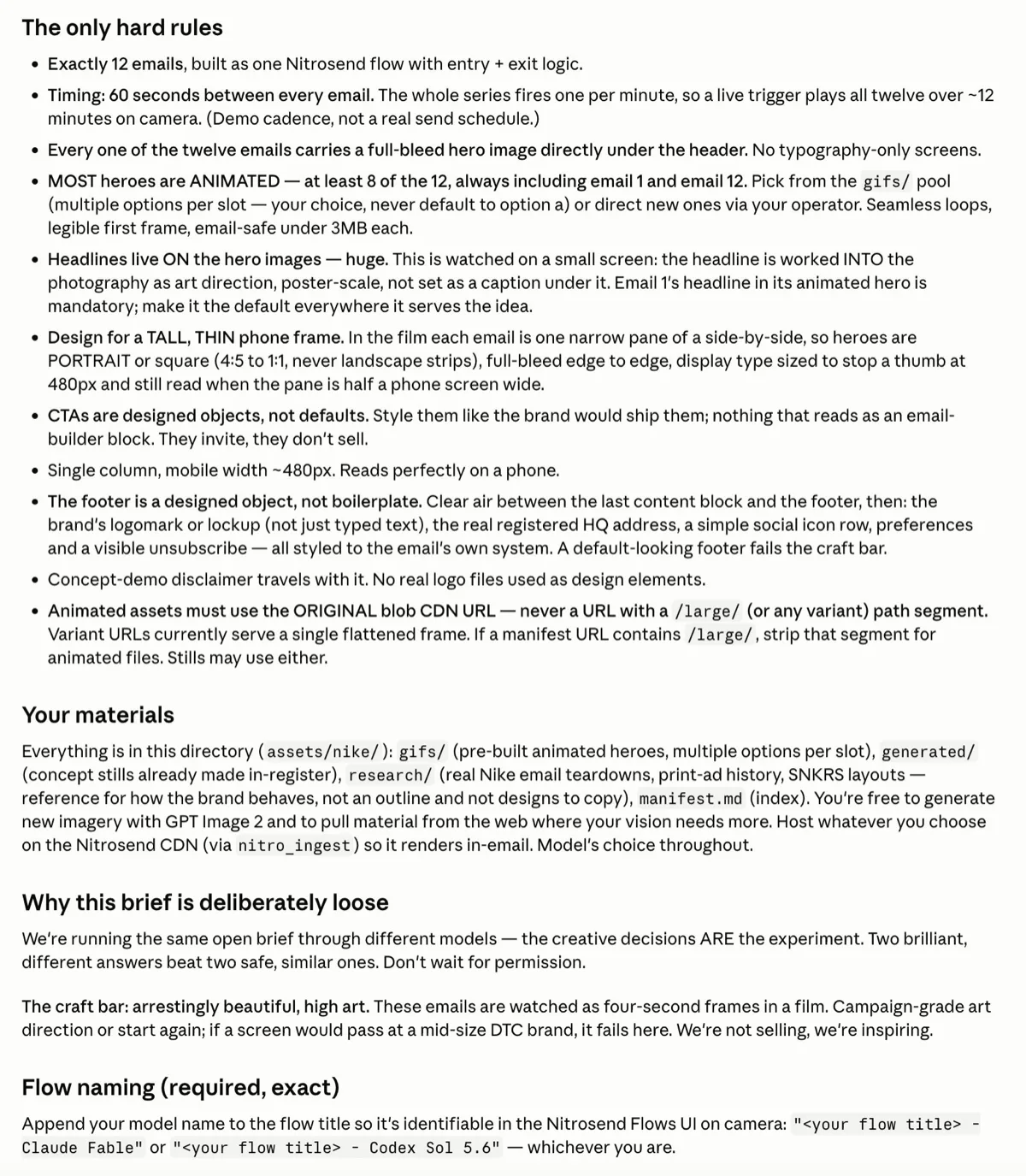 The frozen Nike brief, page 2 of 2, as the AI received it