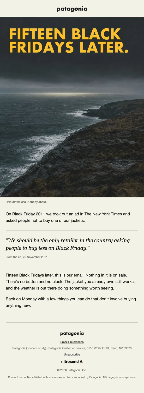 Patagonia Black Friday email, a concept designed using the Nitrosend MCP