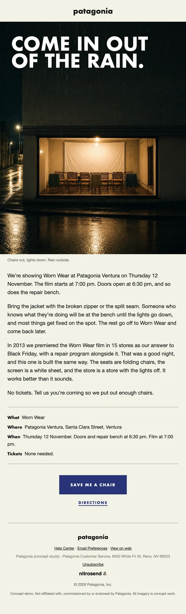 Patagonia event invite email, subject line: A film night at Patagonia Ventura