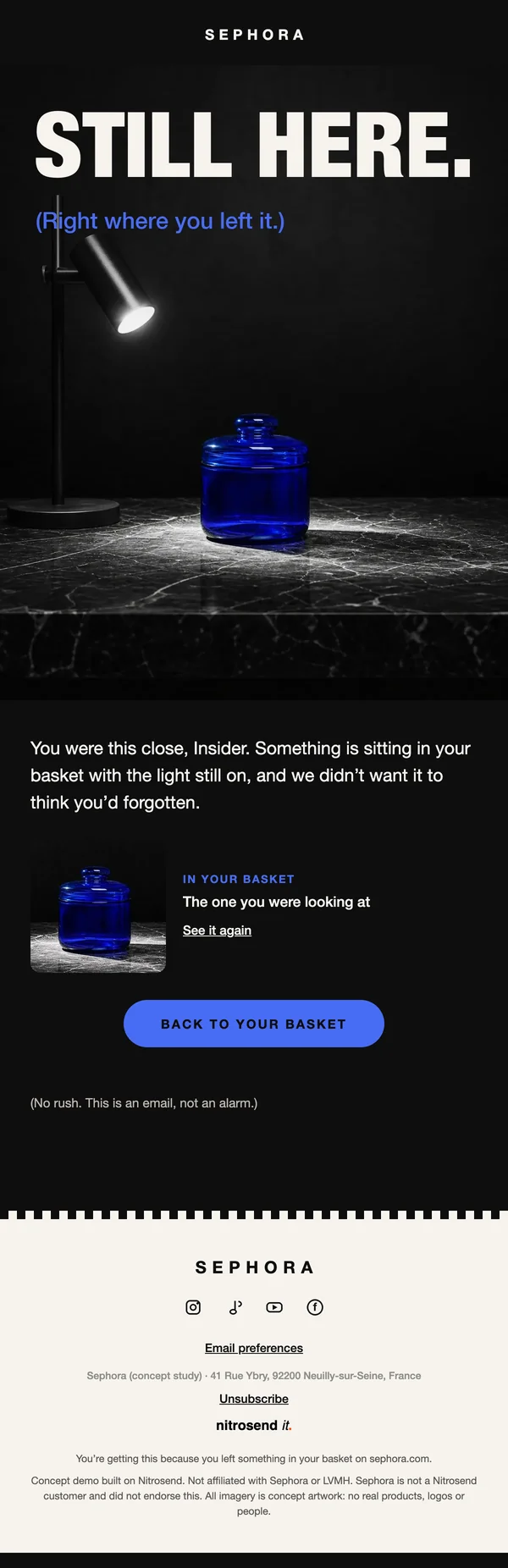 Sephora abandoned cart email, a concept designed using the Nitrosend MCP