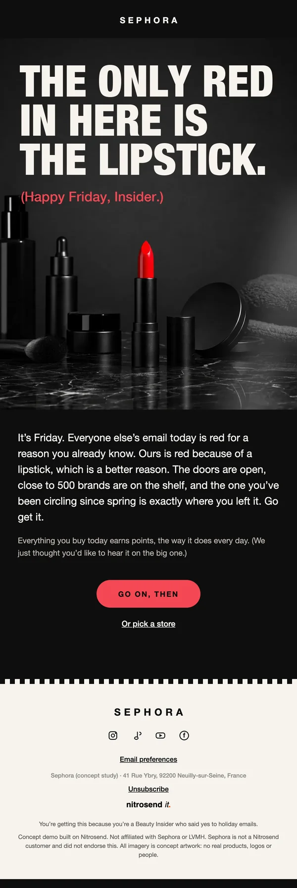 Sephora Black Friday email, subject line: The only red in this email is the lipstick
