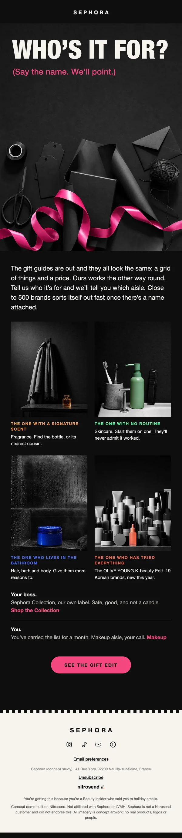 Sephora Christmas email, a concept designed using the Nitrosend MCP