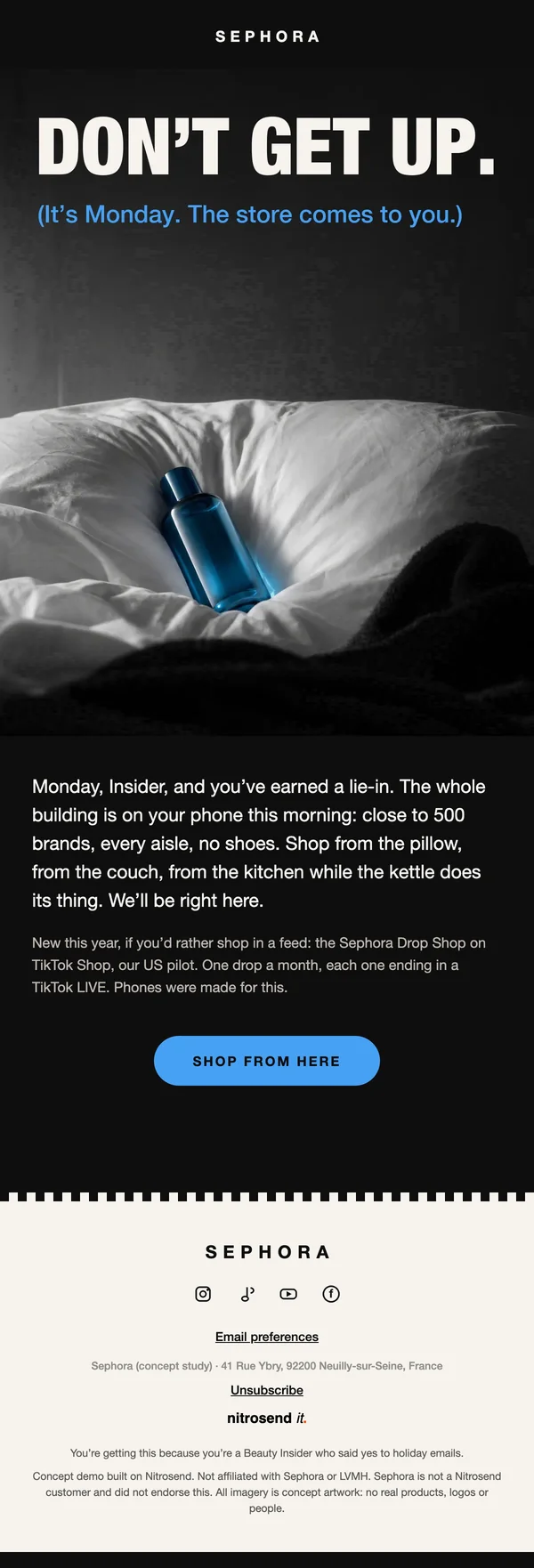 Sephora Cyber Monday email, subject line: Don’t get up