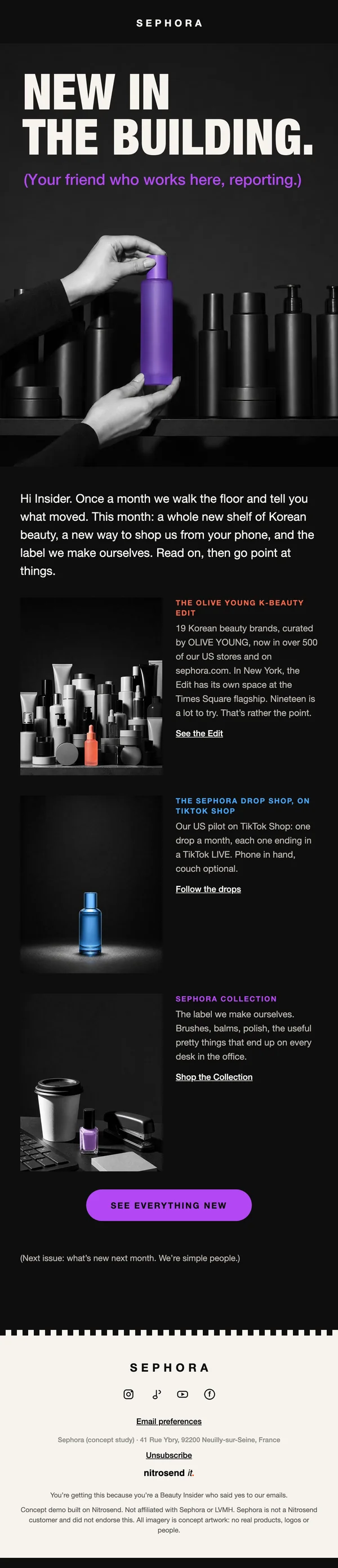 Sephora newsletter email, subject line: New in the building (19 of them, for a start)