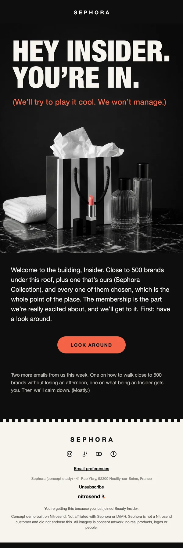 Sephora welcome email, a concept designed using the Nitrosend MCP