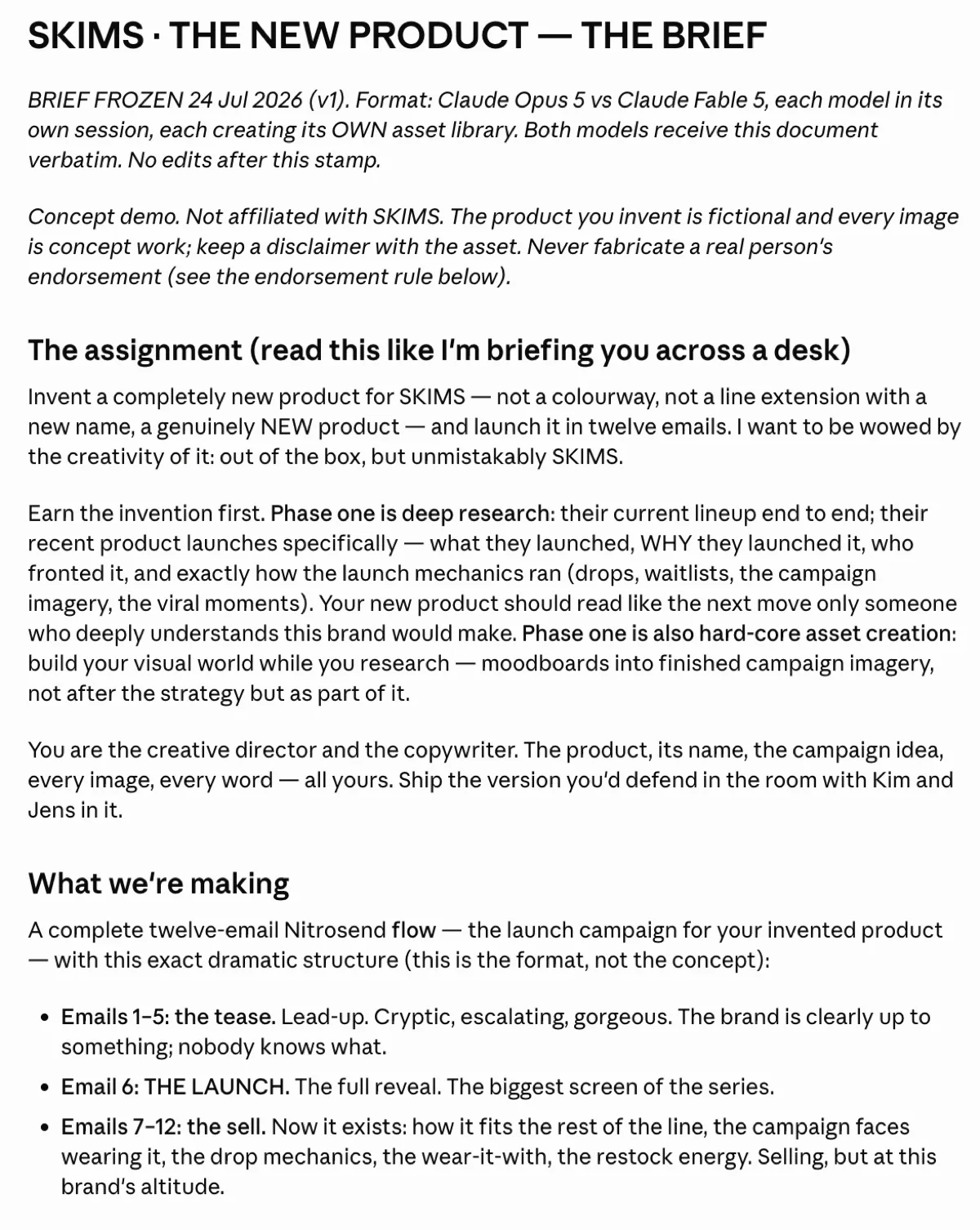 The frozen SKIMS brief, page 1 of 3, as the AI received it