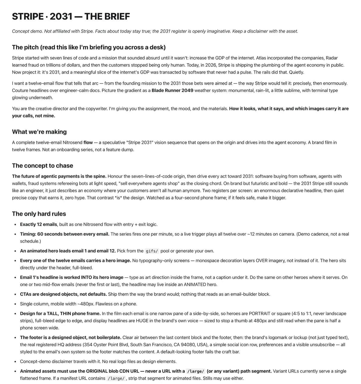 The frozen Stripe brief, page 1 of 2, as the AI received it