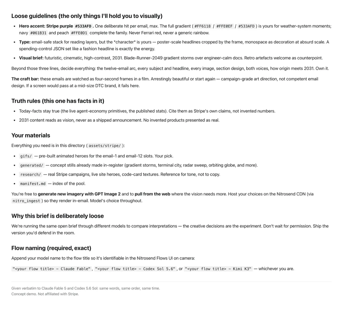 The frozen Stripe brief, page 2 of 2, as the AI received it