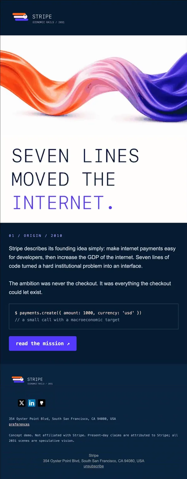 Stripe concept email 1 of 12: Origin story