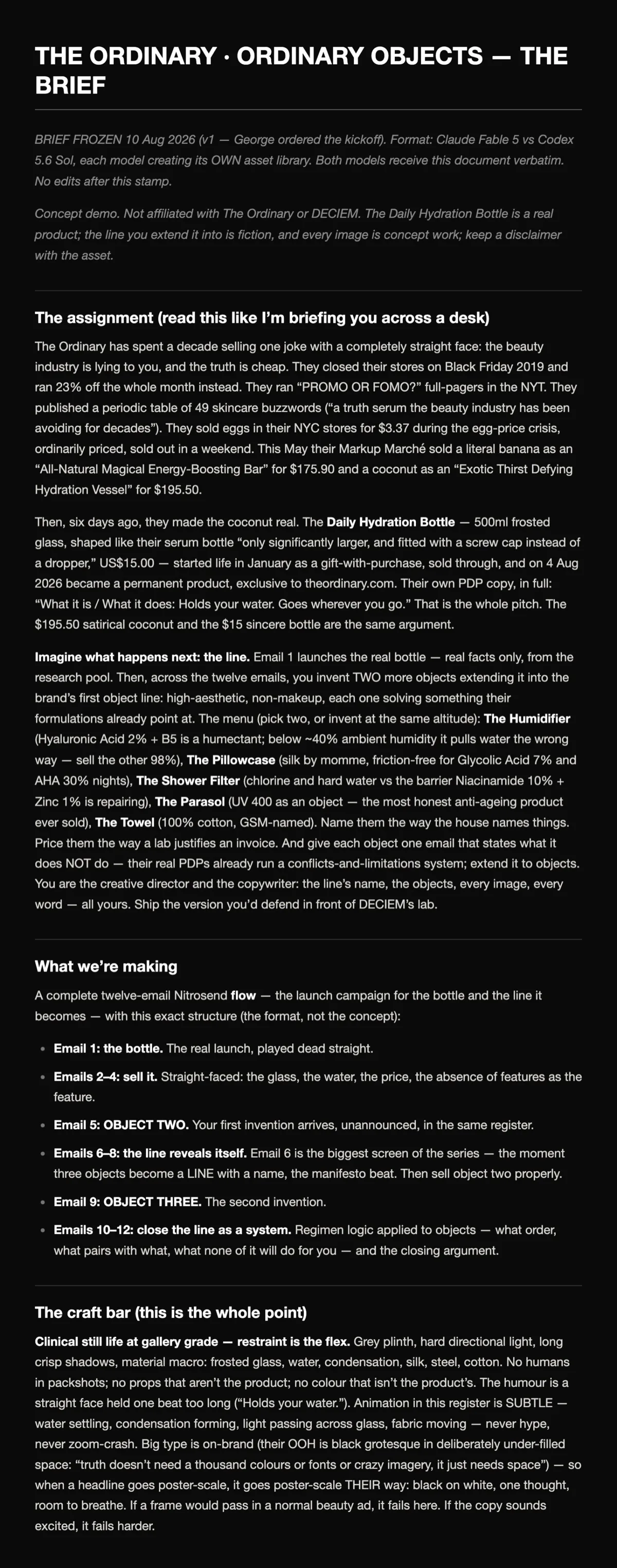 The frozen The Ordinary brief, page 1 of 2, as the AI received it