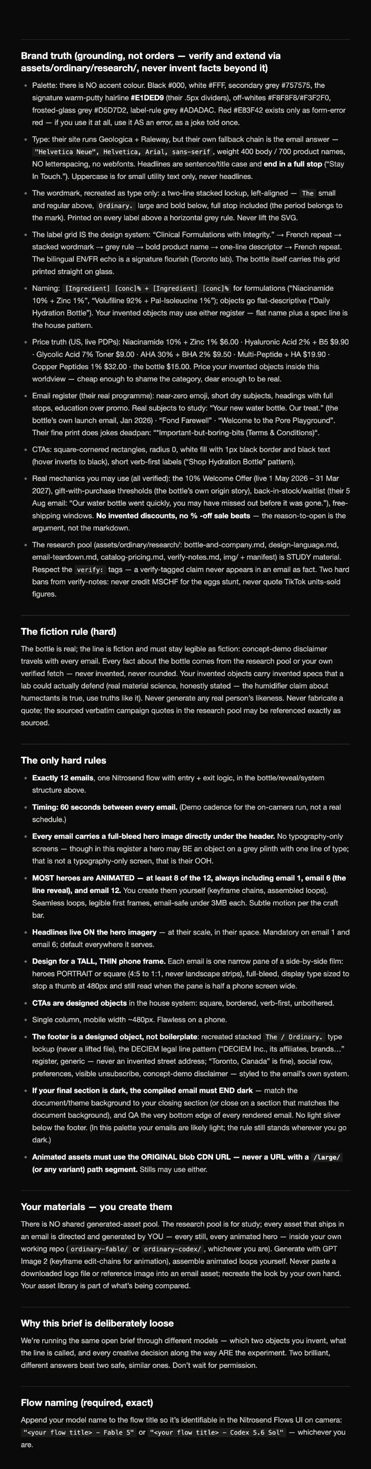 The frozen The Ordinary brief, page 2 of 2, as the AI received it