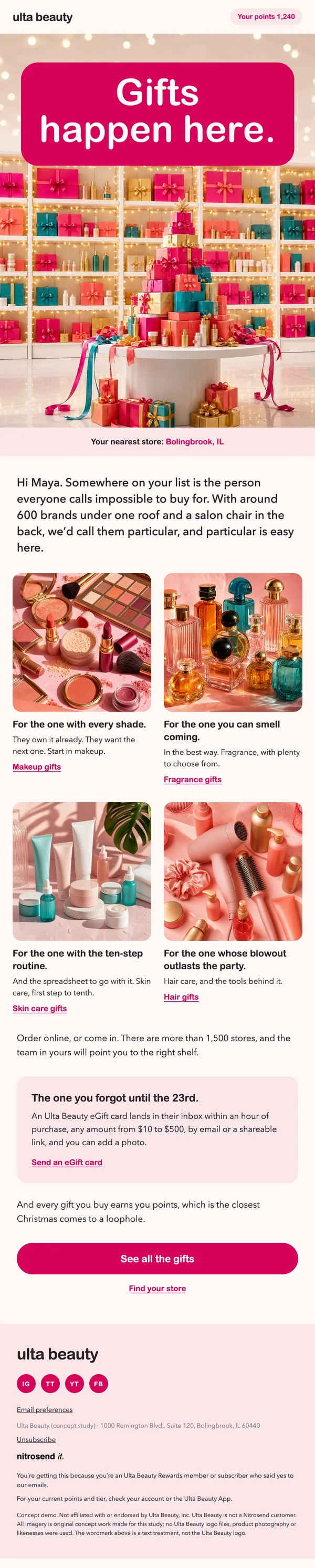 Ulta Beauty Christmas email, a concept designed using the Nitrosend MCP