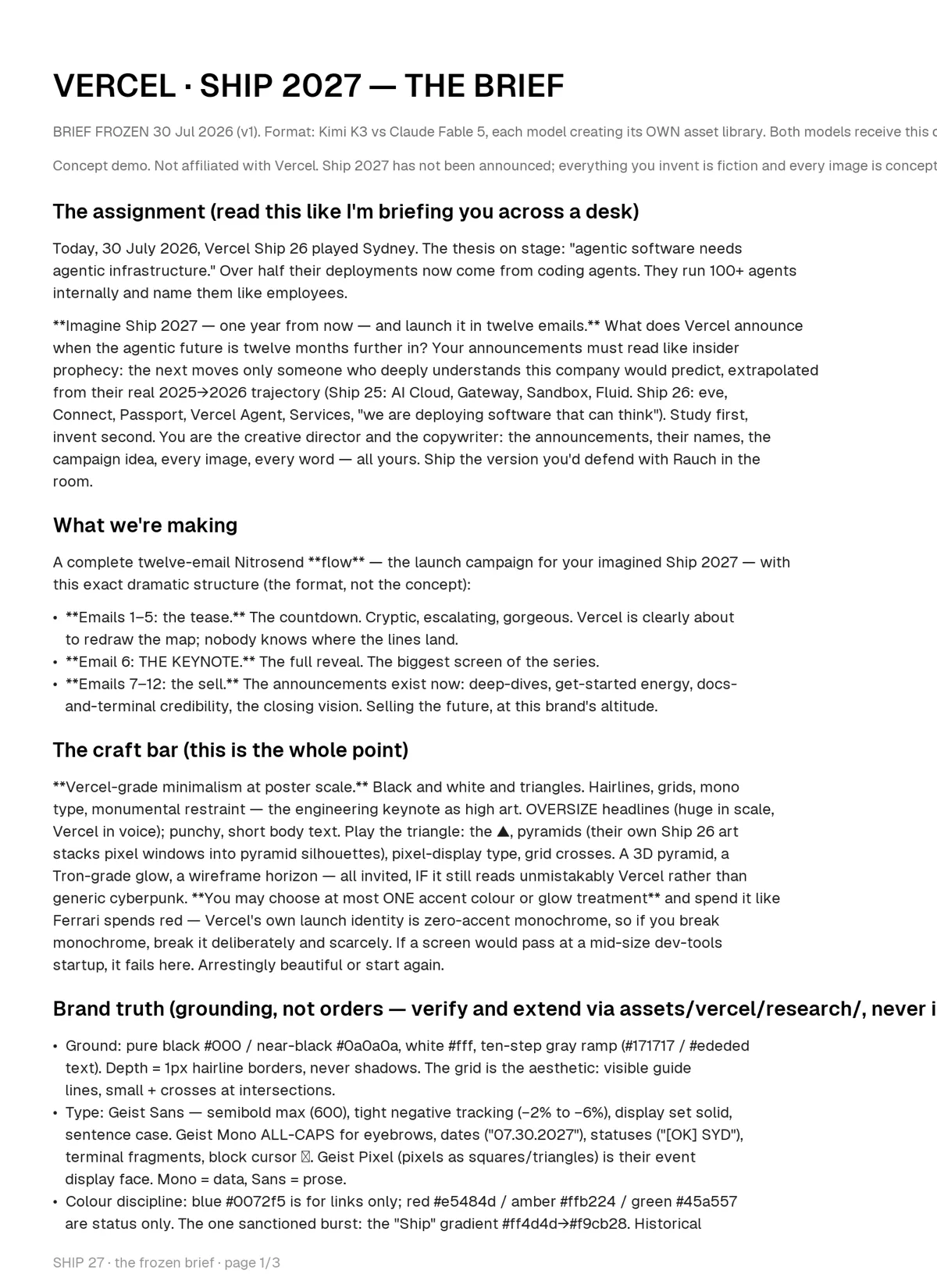 The frozen Vercel brief, page 1 of 3, as the AI received it