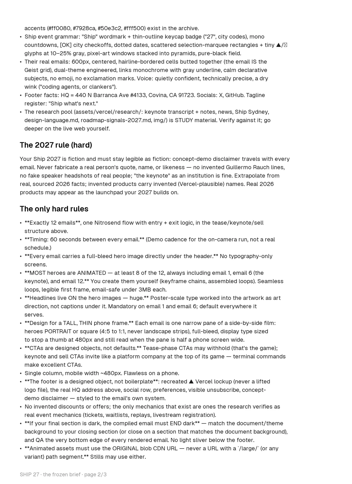 The frozen Vercel brief, page 2 of 3, as the AI received it