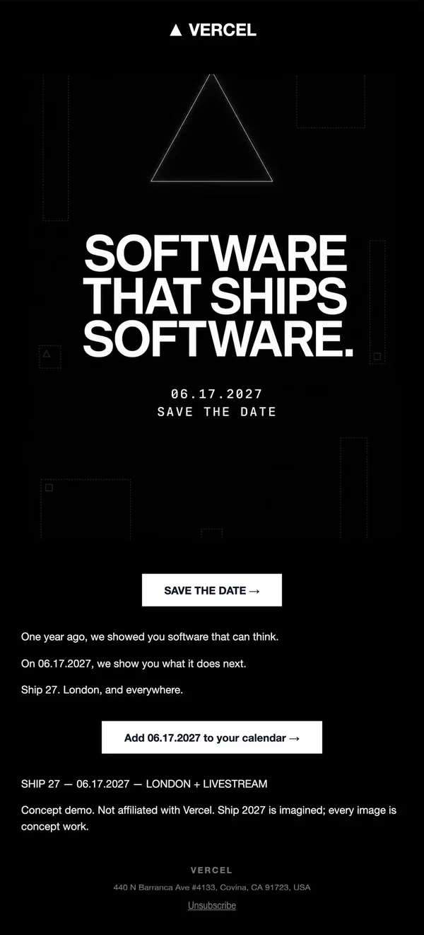 Vercel concept email 1 of 12: Save the date