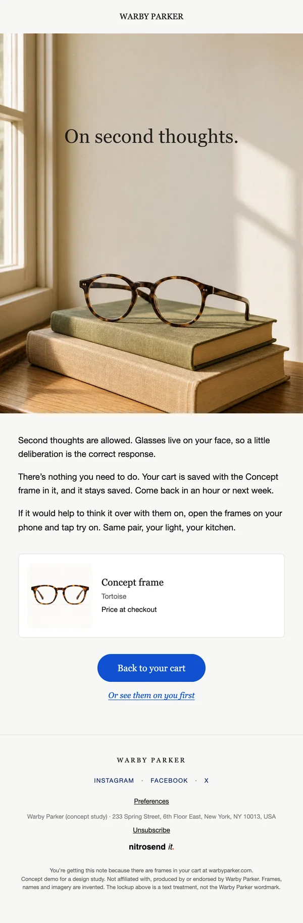 Warby Parker abandoned cart email, a concept designed using the Nitrosend MCP