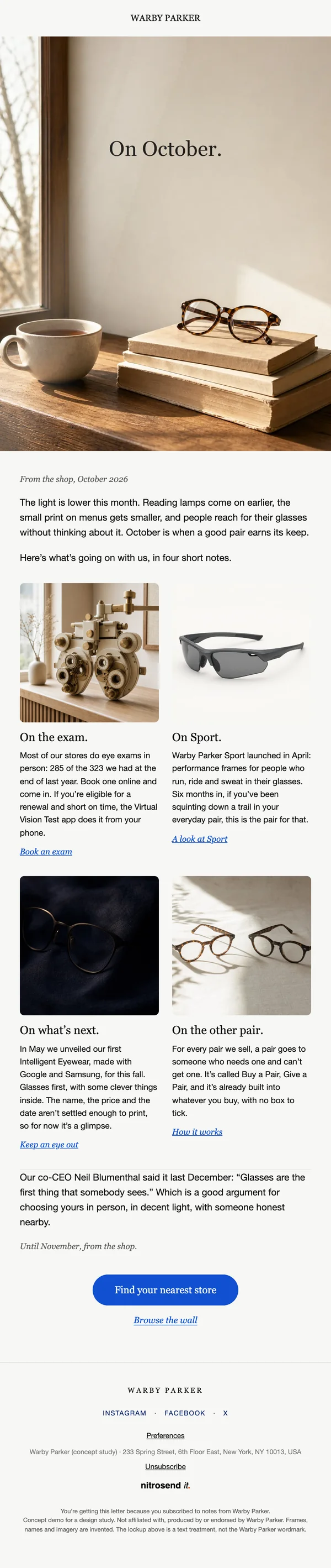Warby Parker newsletter email, subject line: On October