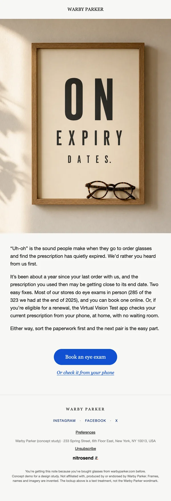 Warby Parker re-engagement email, a concept designed using the Nitrosend MCP