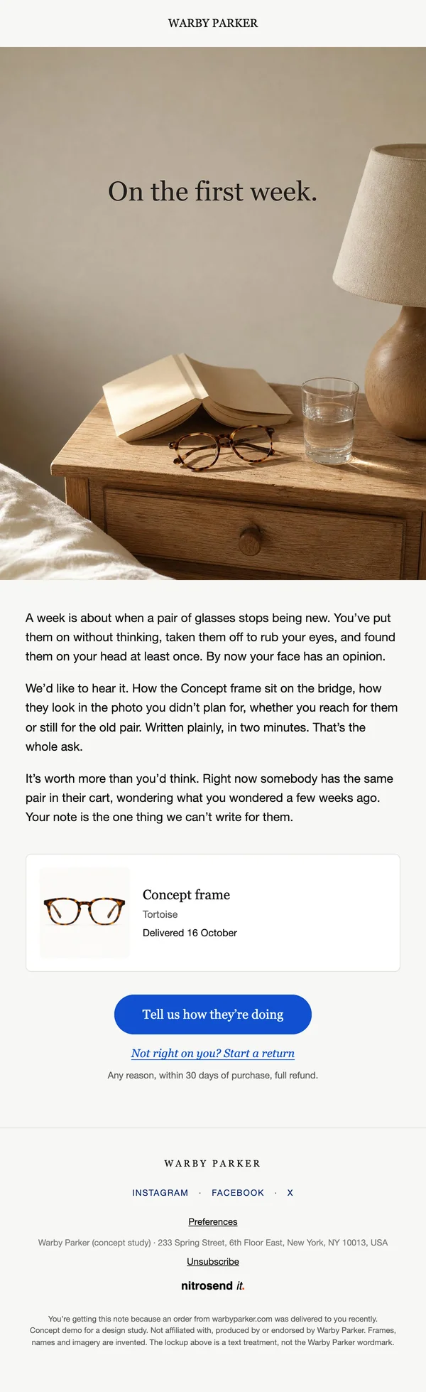 Warby Parker review request email, subject line: How are they on your face?