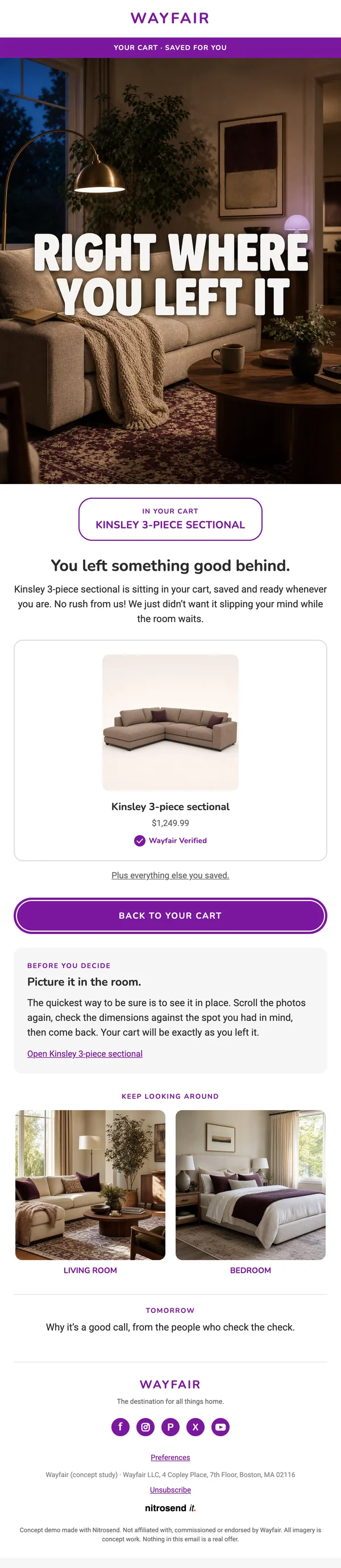 Wayfair abandoned cart email, a concept designed using the Nitrosend MCP
