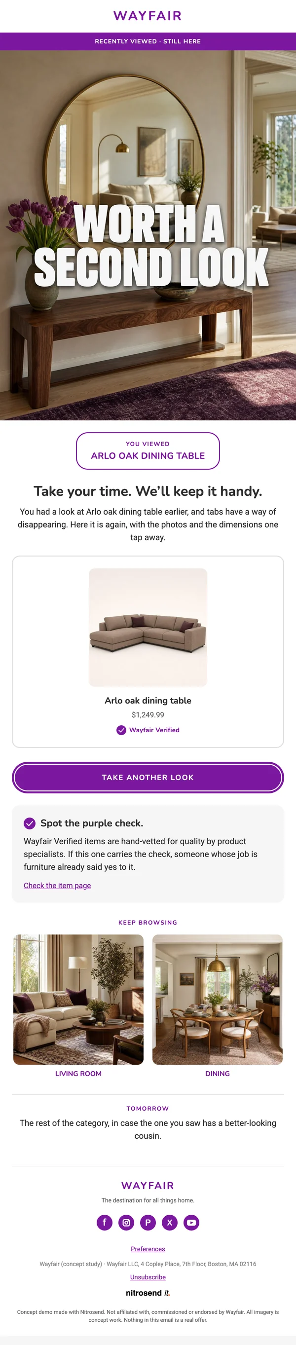 Wayfair browse abandonment email, subject line: Caught you looking! Arlo oak dining table is inside
