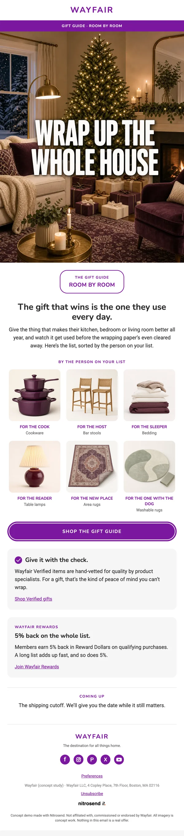 Wayfair Christmas email, a concept designed using the Nitrosend MCP