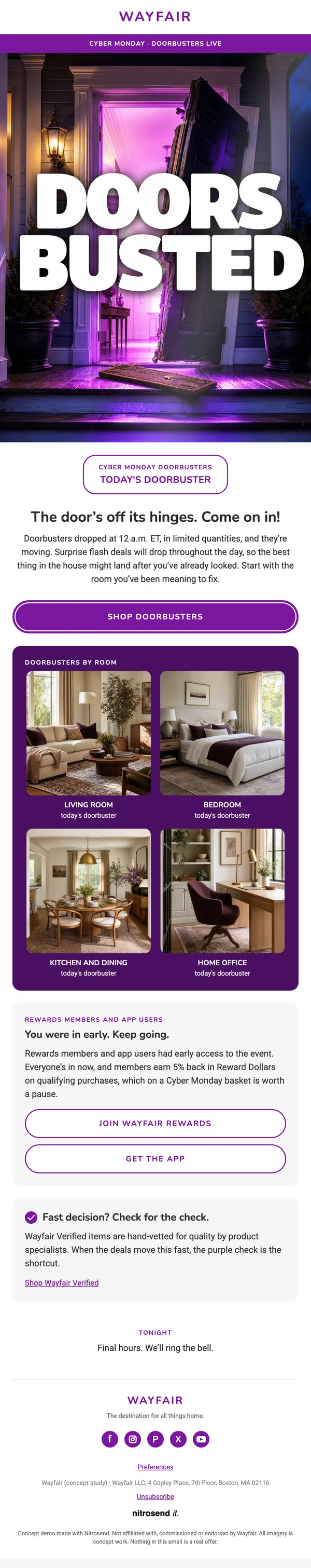 Wayfair Cyber Monday email, a concept designed using the Nitrosend MCP