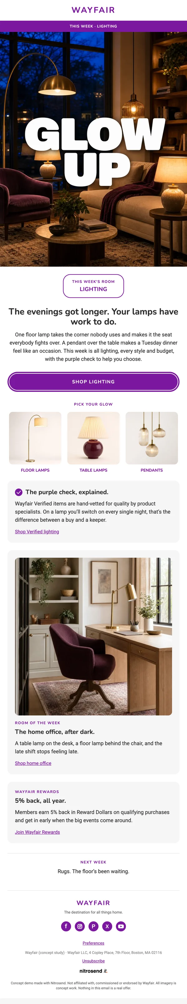 Wayfair newsletter email, subject line: Watt a glow-up! Lighting for the long evenings