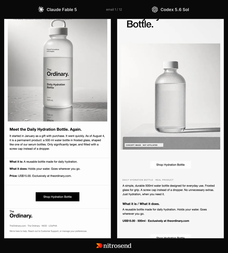 Two launch emails for The Ordinary's Daily Hydration Bottle side by side, one designed by Claude Fable 5 and one by Codex 5.6 Sol