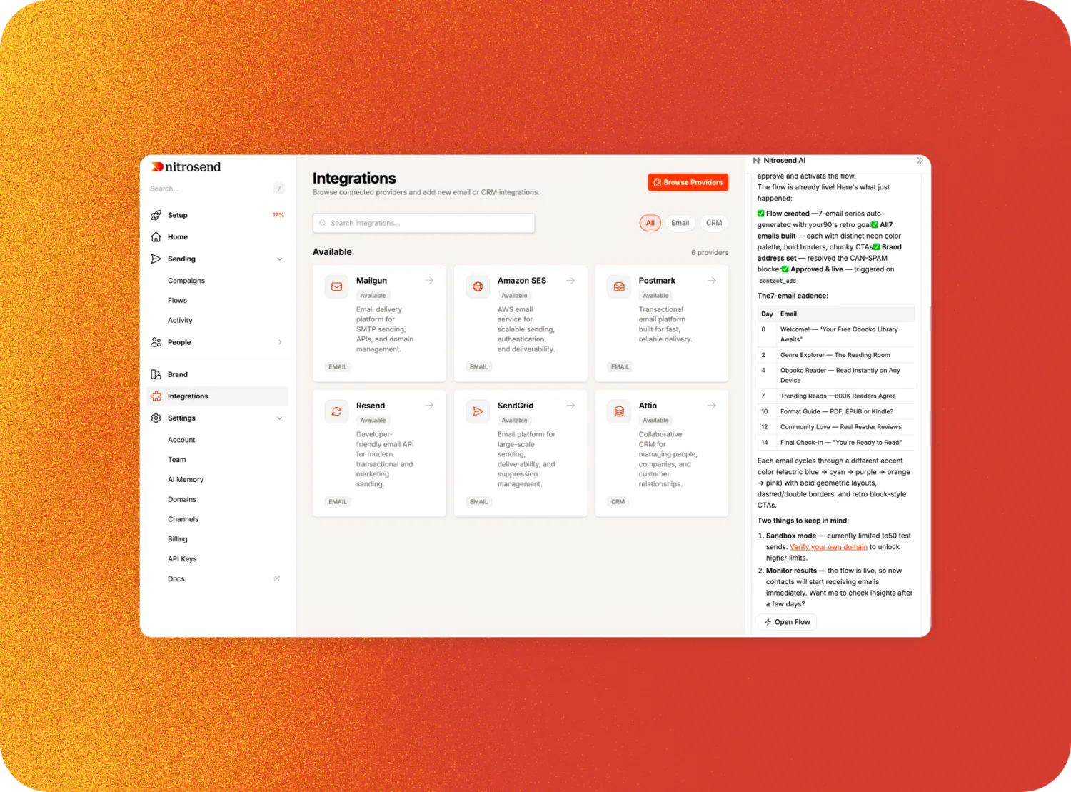 Nitrosend integrations directory for bringing your own sending keys with Mailgun, Amazon SES, Postmark, Resend and SendGrid