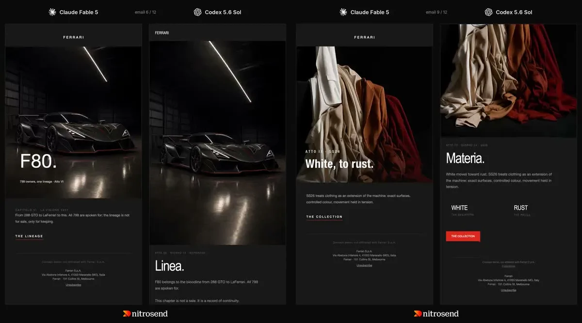 Side-by-side concept emails for Ferrari, created inside Nitrosend